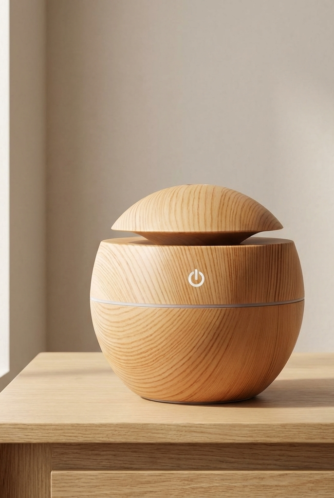 Wooden diffuser on a wooden surface with a neutral background