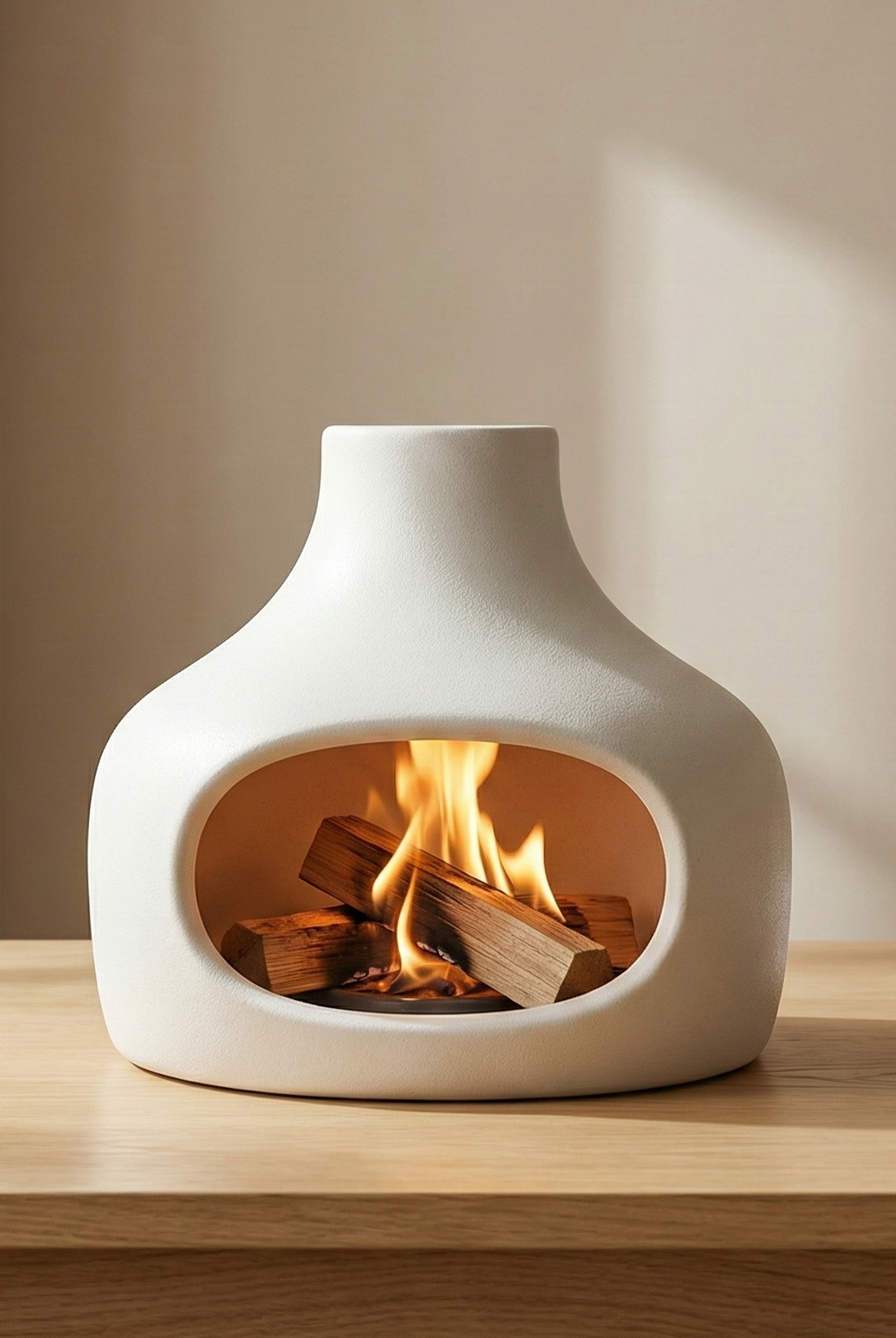 Modern white fireplace on a wooden table with a neutral background