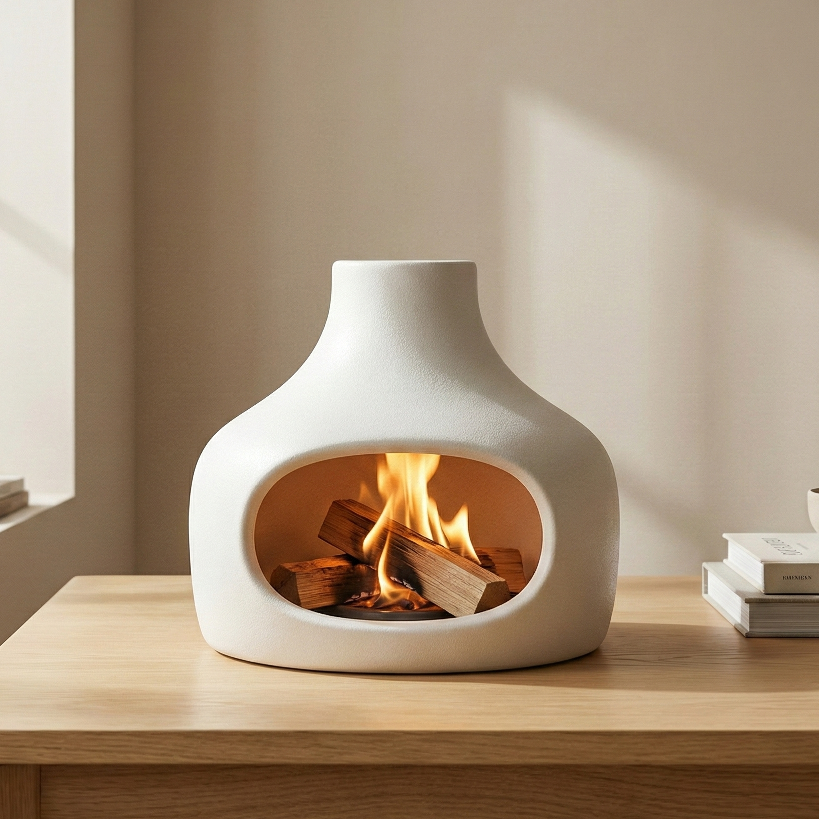 Modern white fireplace on a wooden table with a neutral background