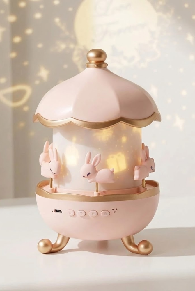Pink and gold carousel-shaped night light with rabbit figures on a white surface.