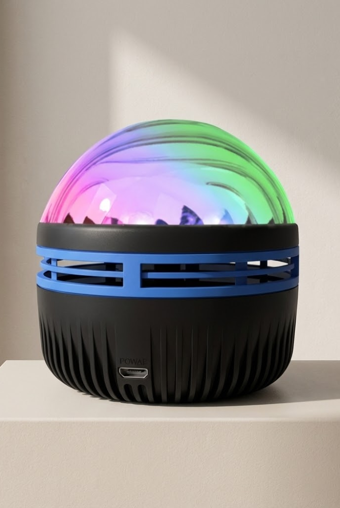 Colorful spherical light on a white surface with a neutral background