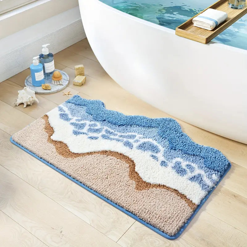 Ocean Waves Microfiber Bath Mat – Soft High-Pile Non-Slip Bathroom Mat with Anti-Slip Backing – Machine Washable and Quick Drying 3