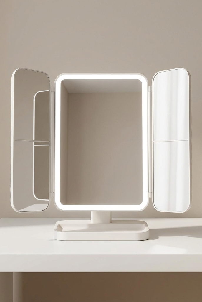 Foldable Makeup Mirror with Touch Light – Portable Vanity Mirror with Rotating Design and Storage Case