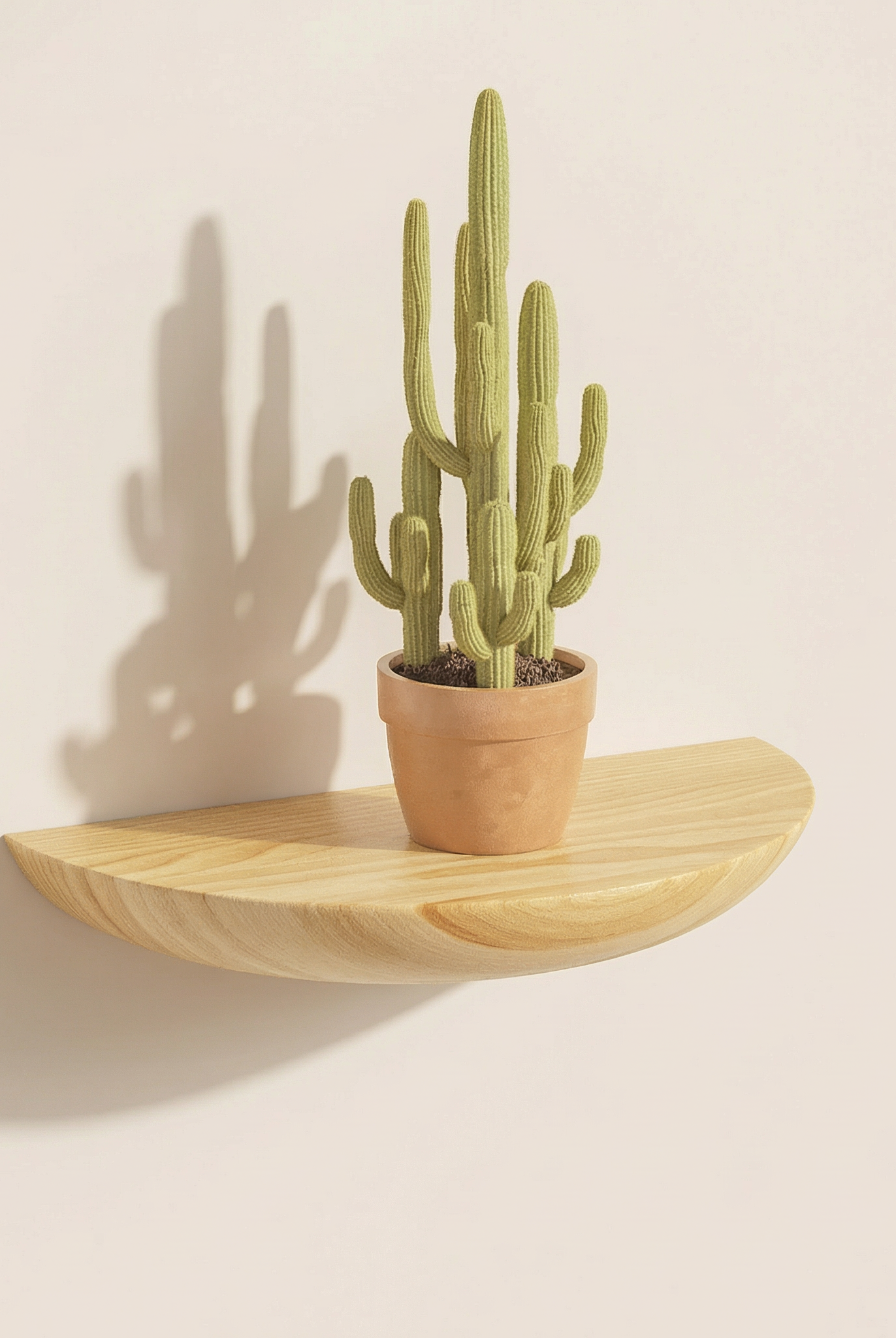 Cactus plant in a pot on a wooden shelf against a beige wall