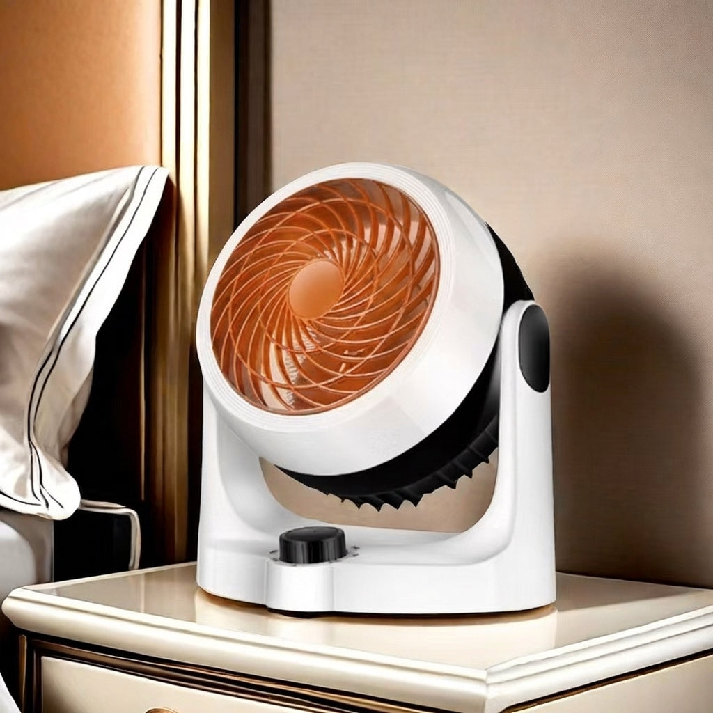 White and black fan on a surface with a neutral background