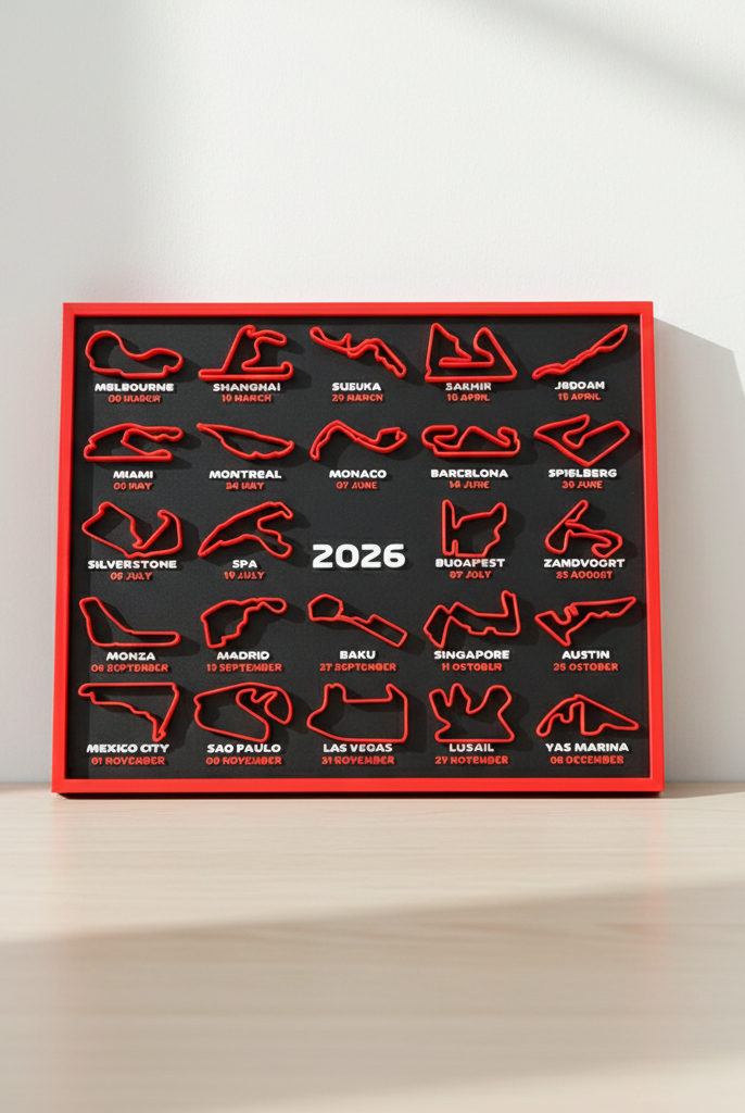 Framed poster with red race track outlines and '2026' text on a black background