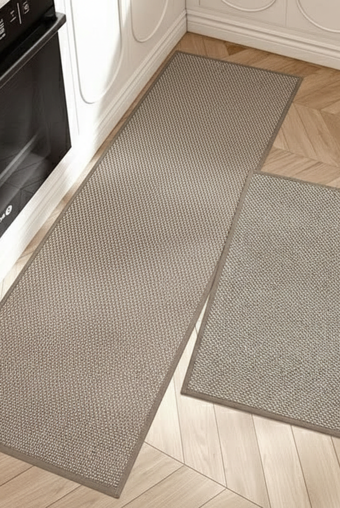 Two gray kitchen mats on a wooden floor next to a black oven.