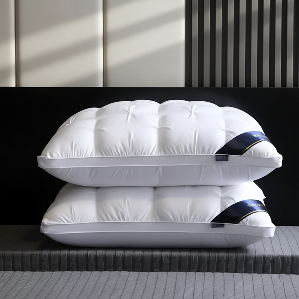 Two white pillows with blue straps on a dark surface