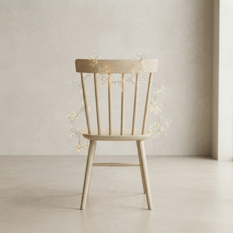 A light natural wood spindle-back chair centered in a minimalist room, decorated with delicate warm white fairy lights draped around the backrest.