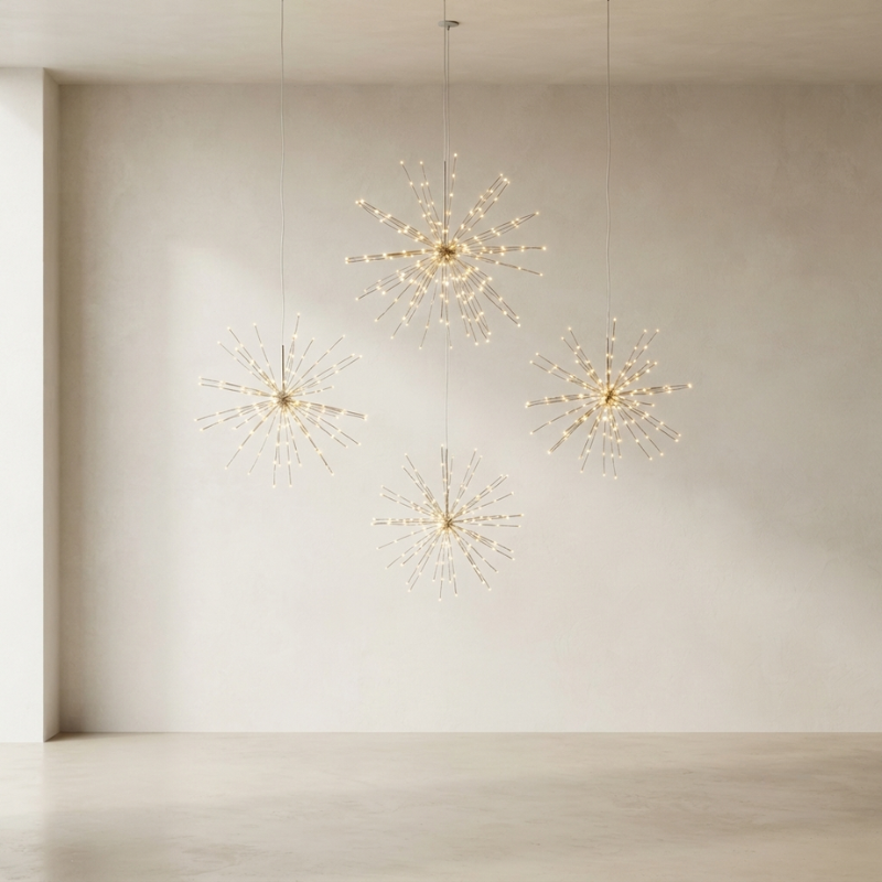 Three hanging starburst pendant lights with warm white LED lights, suspended in a minimalist beige room.