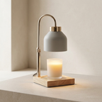 Modern table lamp with a gray shade and wooden base on a neutral background