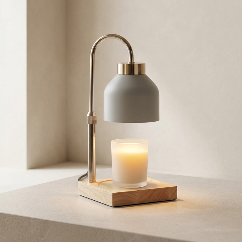 Modern table lamp with a gray shade and wooden base on a neutral background