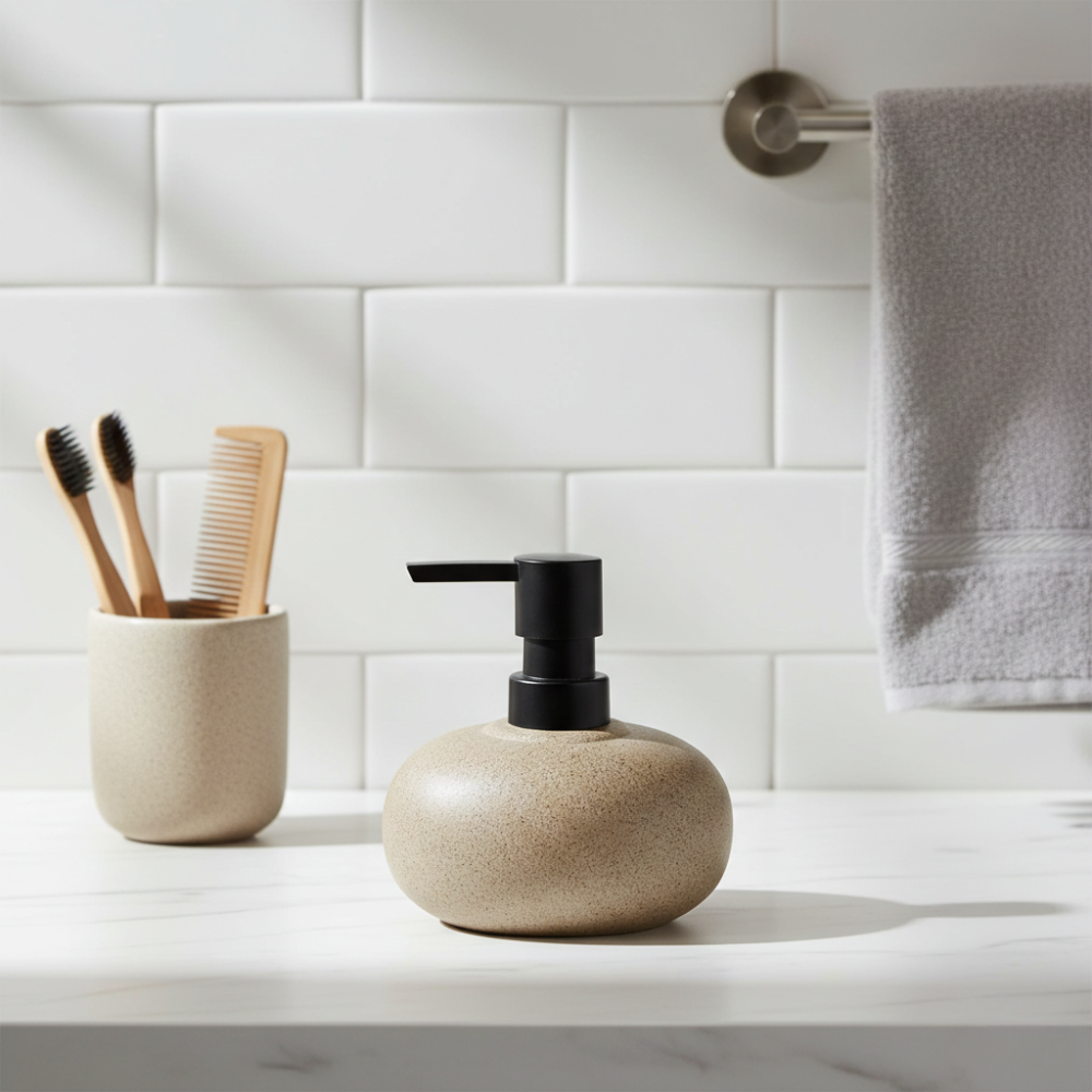 Bathroom counter with ceramic soap dispenser, toothbrush holder, and towel on a tiled wall background