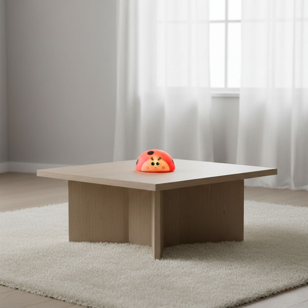 Minimalist living room with a wooden coffee table and a red and black object on top.