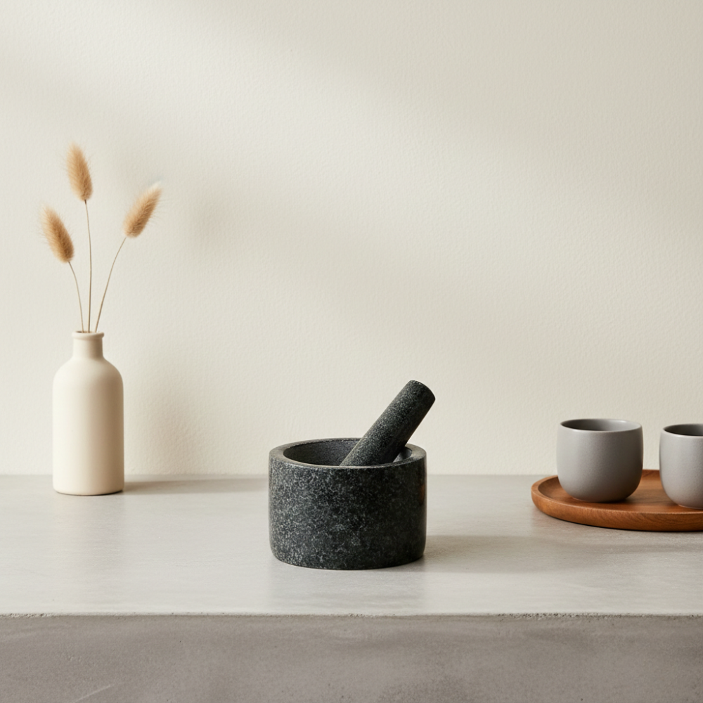 Mortar and pestle on a white surface with a vase and cups in the background