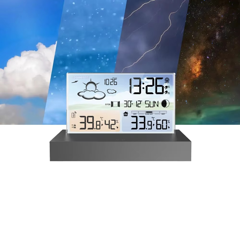 Digital clock with weather display against a backdrop of a blue sky with clouds and a starry night sky.