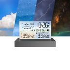 Digital clock with weather display against a backdrop of a blue sky with clouds and a starry night sky.