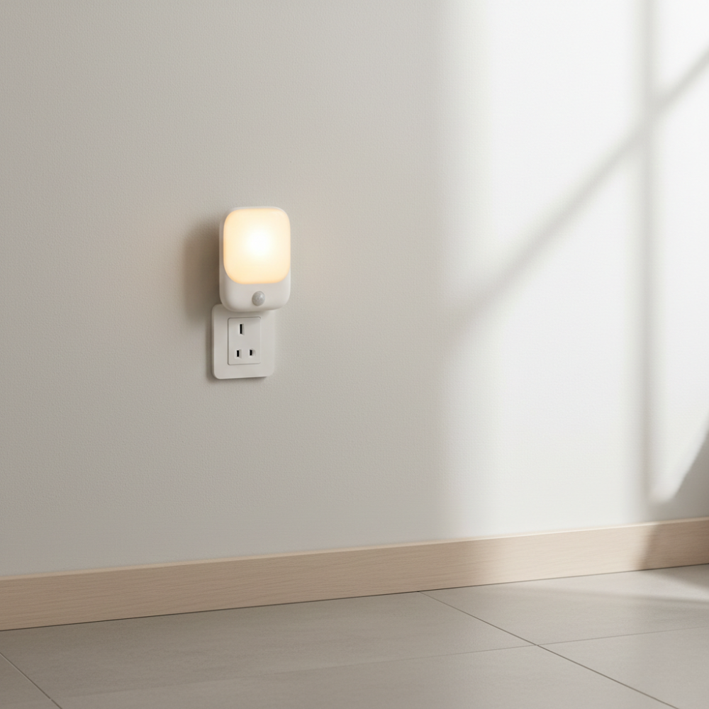 Wall-mounted night light on a neutral wall with a soft glow
