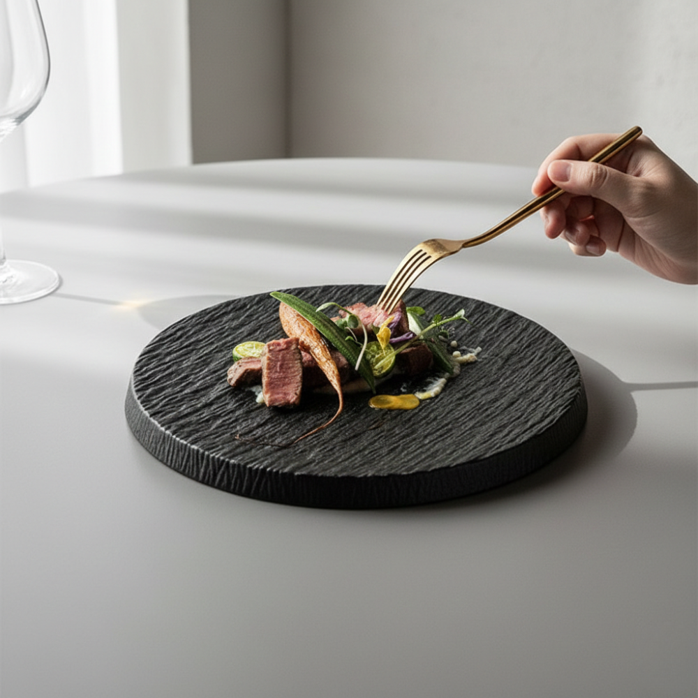 Serving of food on a black slate plate with a hand holding a gold fork.