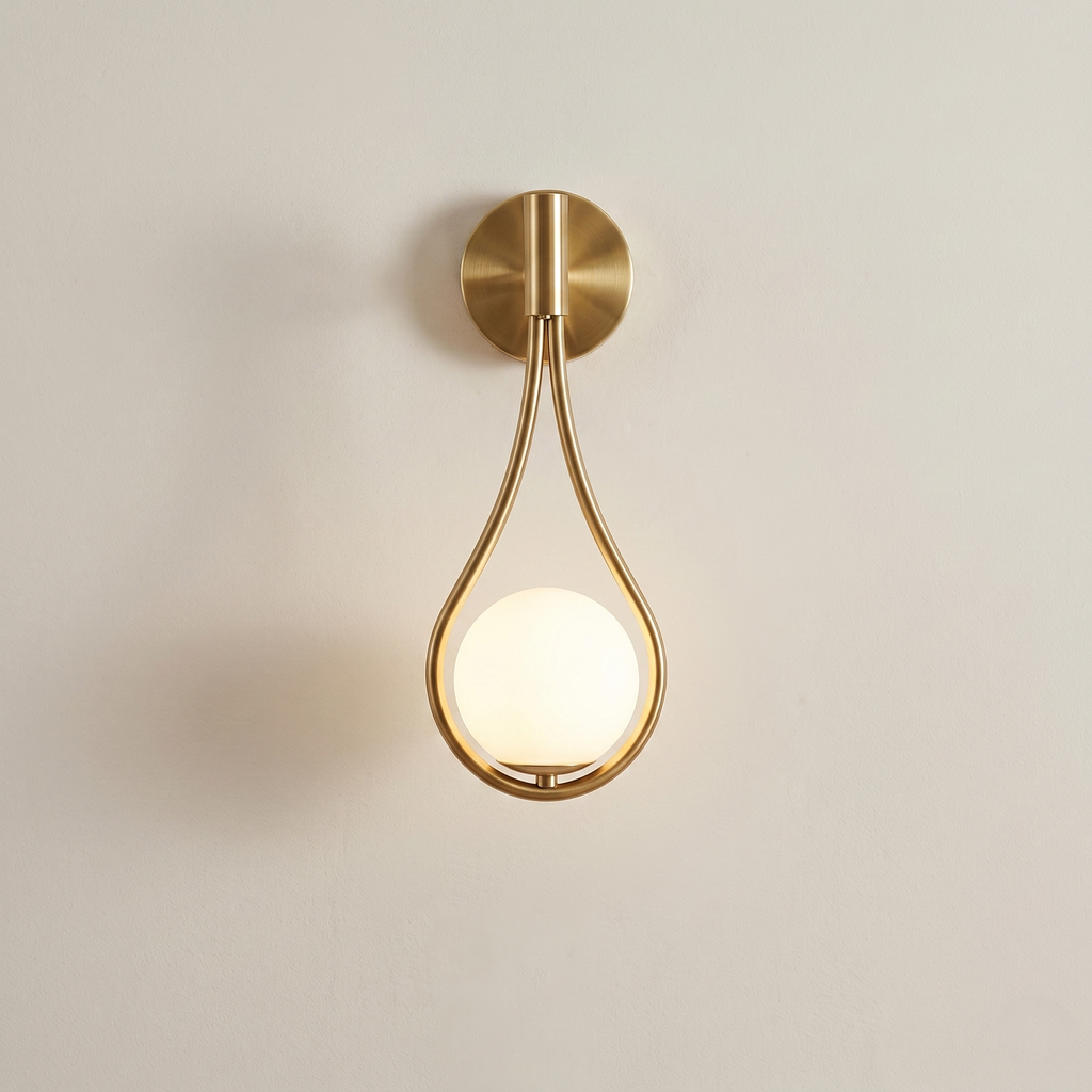 Gold wall sconce with a round light bulb on a beige background