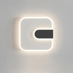 A modern square wall sconce with a glowing white LED border and a central black horizontal bar, mounted on a light gray wall.