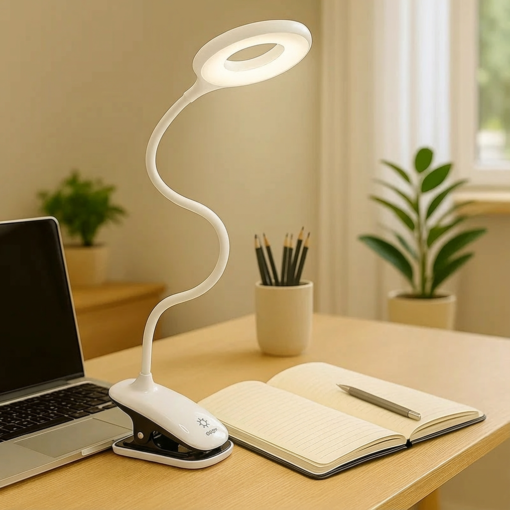 Spiral desk lamp on a table with a laptop, notebook, and pencils in a home office setting.