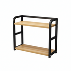 Two-tiered shelf with black metal frame and wooden shelves on a white background