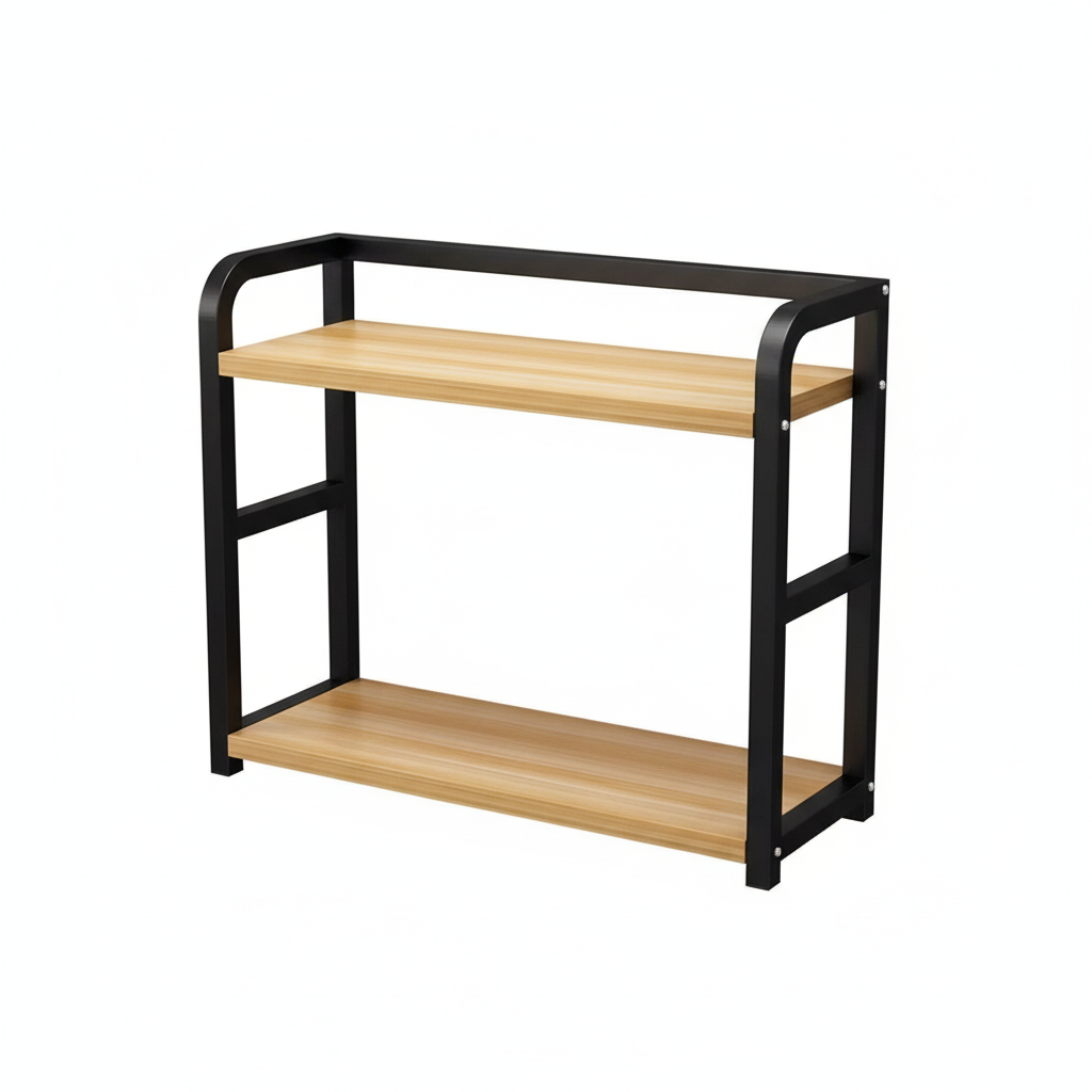 Two-tiered shelf with black metal frame and wooden shelves on a white background