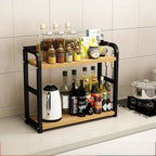 Kitchen shelf with various bottles and items against a tiled wall.