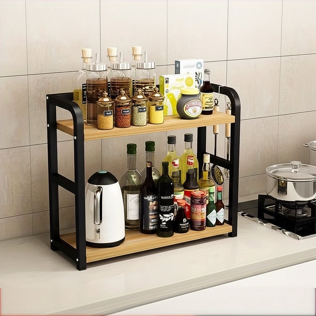 Kitchen shelf with various bottles and items against a tiled wall.