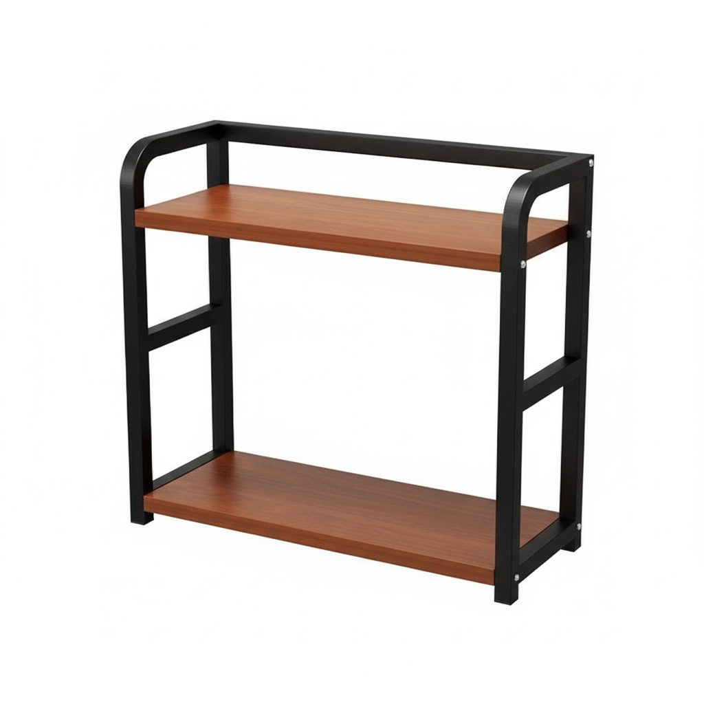 Two-tiered shelf with wooden shelves and black metal frame on a white background