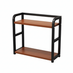 Two-tiered shelf with wooden shelves and black metal frame on a white background