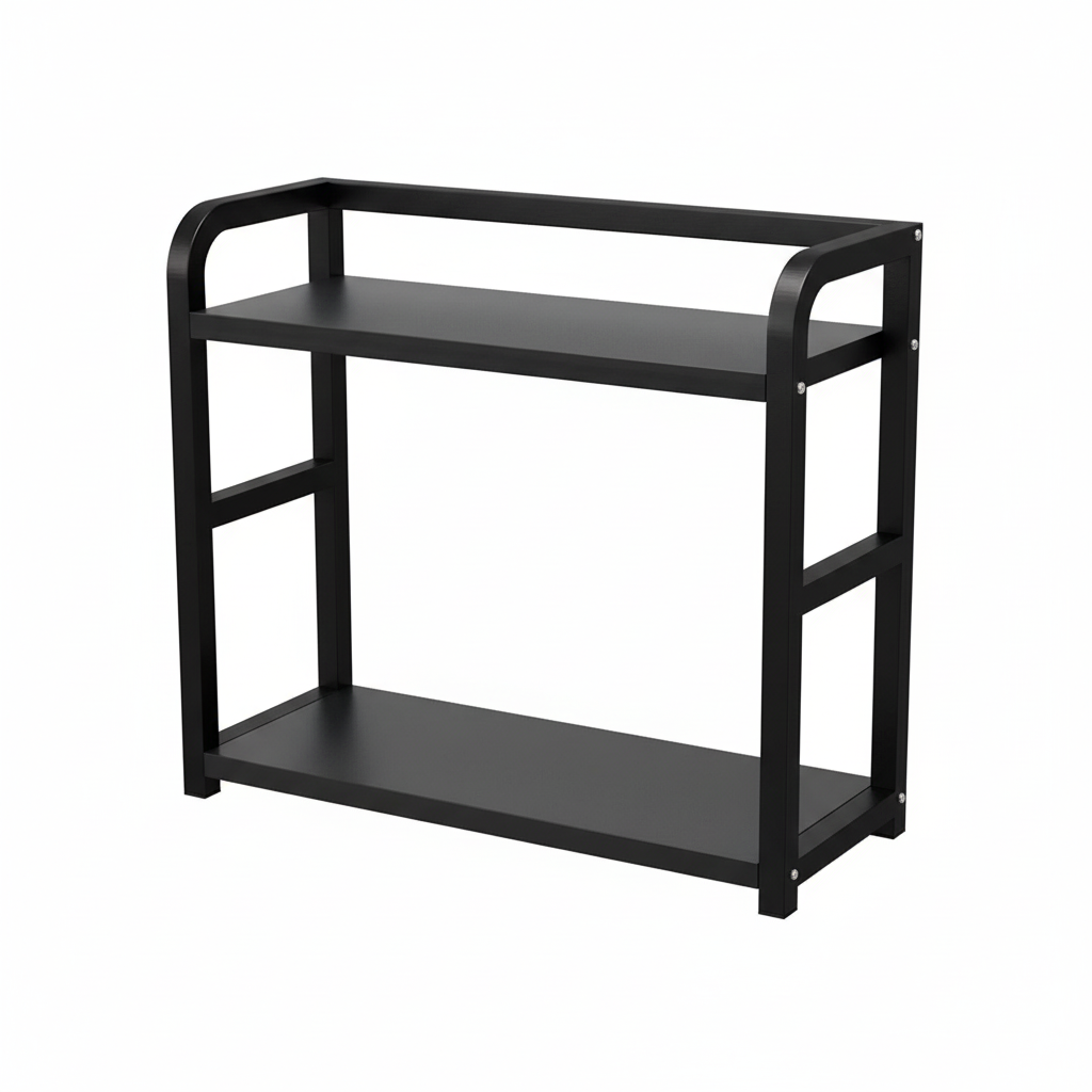 Black metal shelf with two levels on a white background