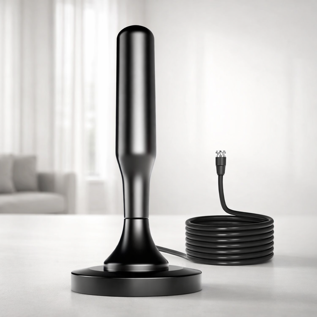 Black TV antenna on a white surface with a blurred background