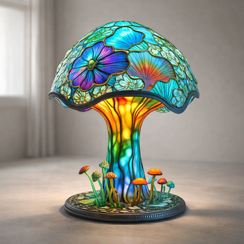 Colorful mushroom-shaped lamp with floral design on a neutral background