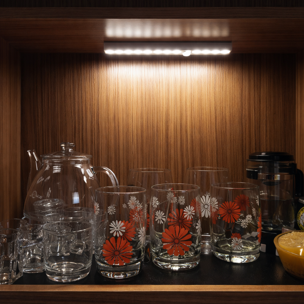 Set of glass tumblers with floral designs on a wooden shelf.
