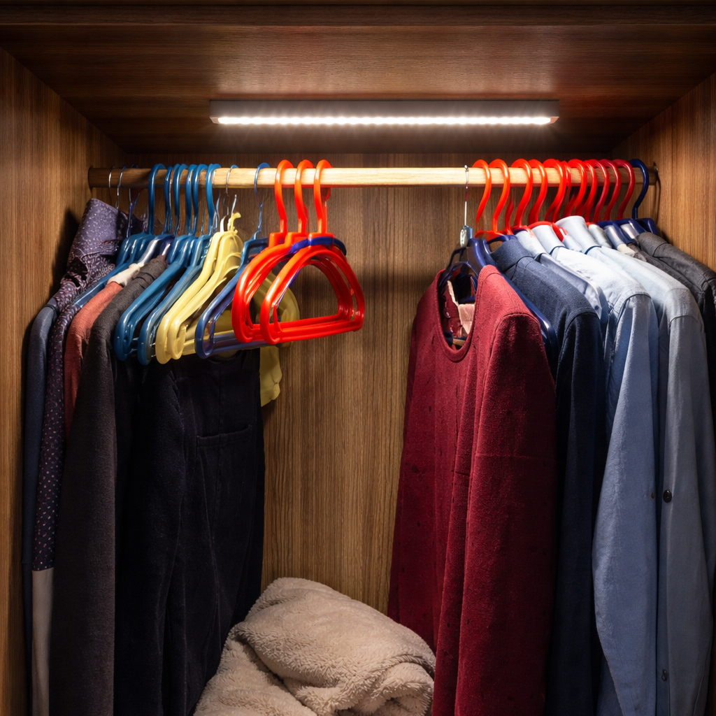 Closet with clothes on hangers and a folded towel on a shelf.