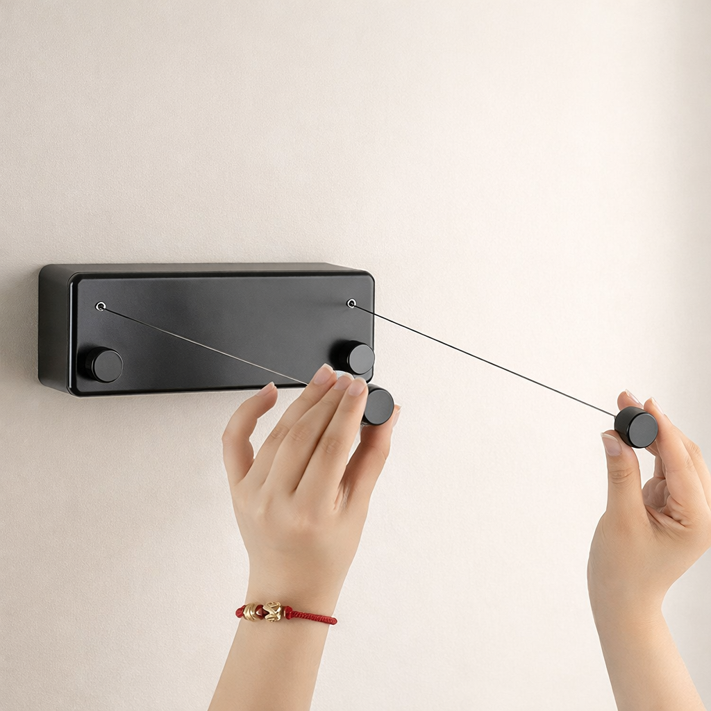 Black wall-mounted device with a string being pulled by hands against a light background