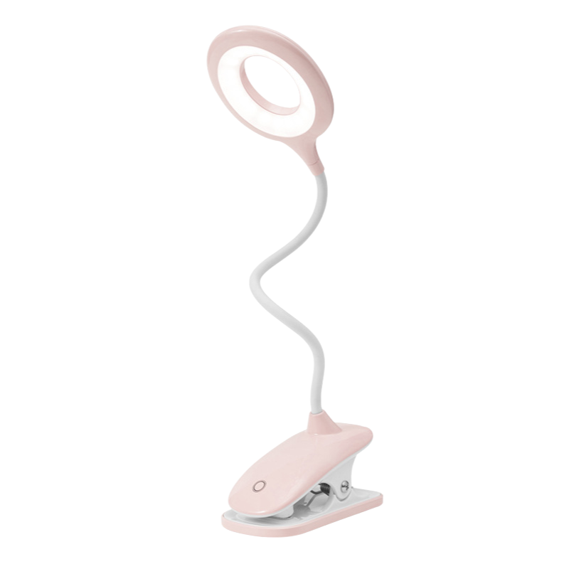Pink LED reading lamp with a clip on a white background