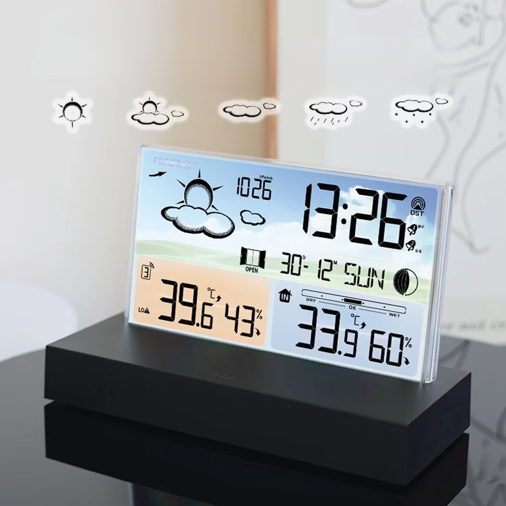 Digital clock with weather display on a black stand