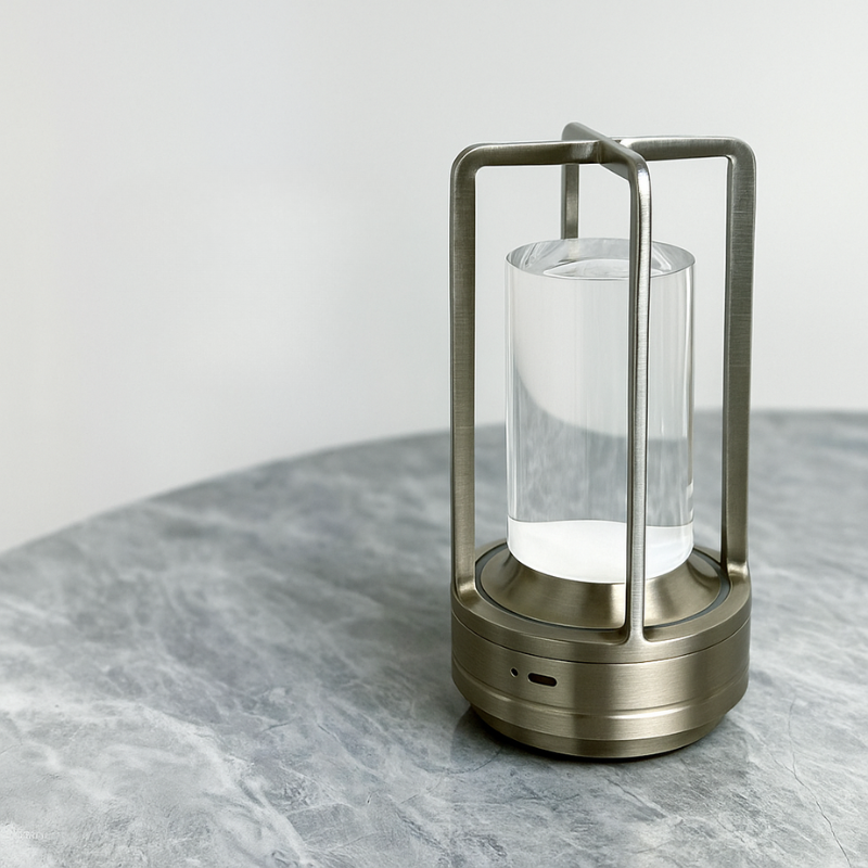 A modern lantern-style table lamp with a brushed metal frame and base, a clear cylindrical glass shade, and a white diffuser or candle insert, placed on a gray marble surface against a light gray wall.