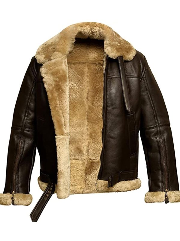 Men's Leather Jacket with Shearling Lining and Zip Closure