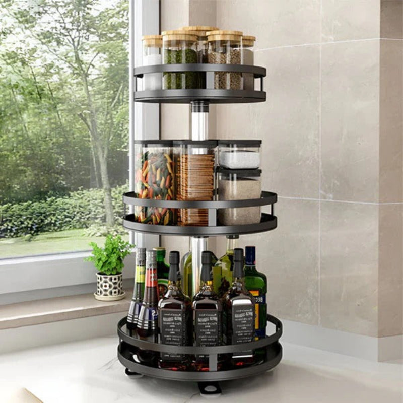 Rotating spice rack with various items in a kitchen setting