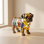 Colorful stained glass pug dog sculpture on a neutral background
