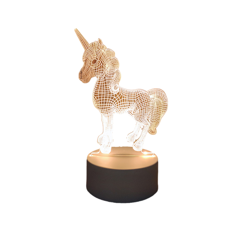 Unicorn-shaped lamp with gold design on a black base against a white background