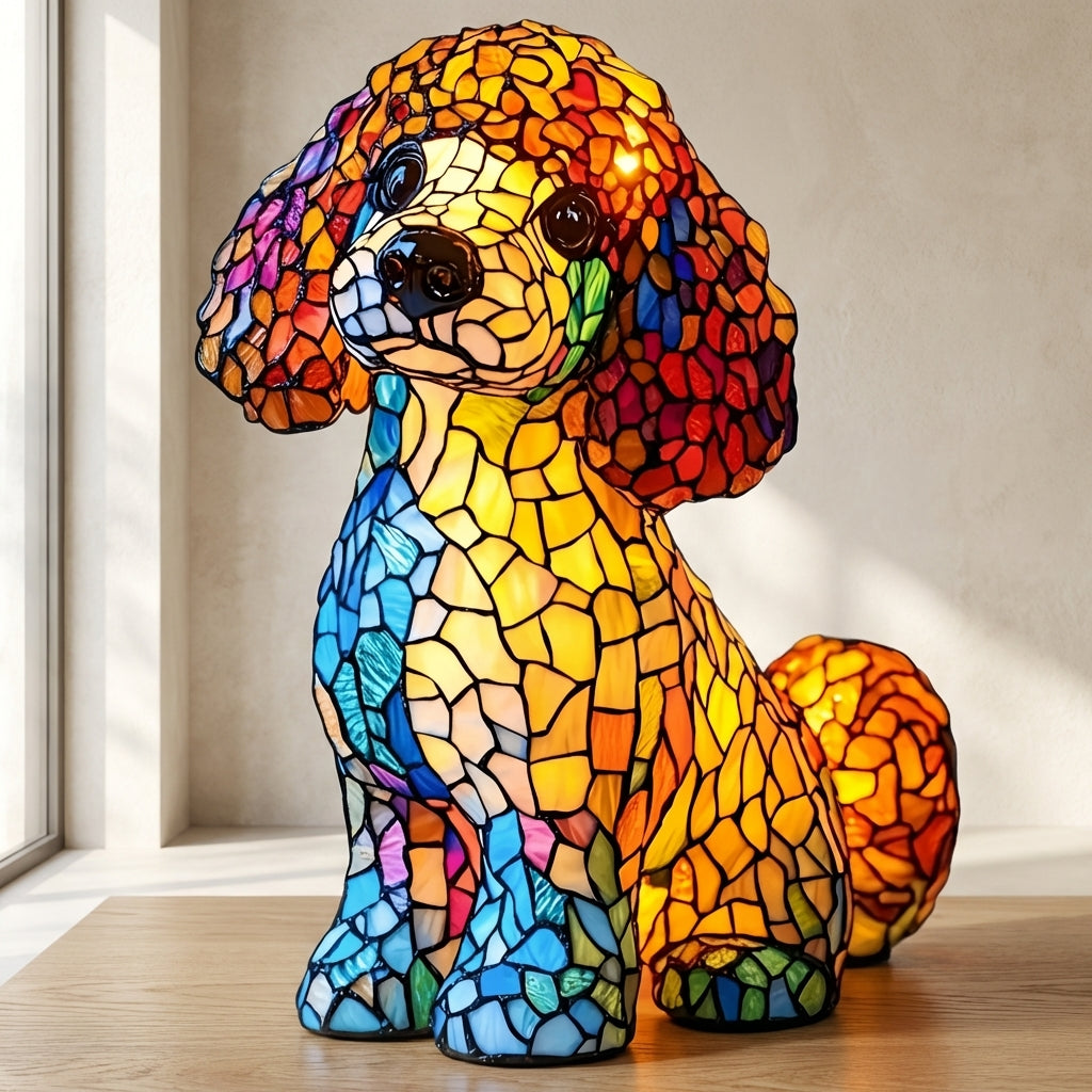 Colorful stained glass dog-shaped lamp on a wooden floor.