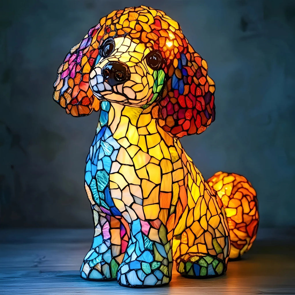 Colorful stained glass dog-shaped lamp on a dark background