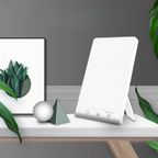 White electronic device on a shelf with decorative items and plants