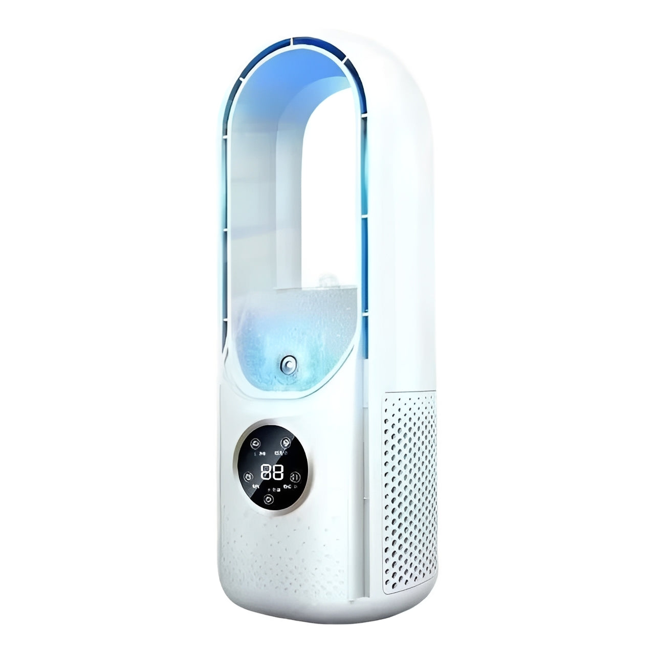 White humidifier with digital display on a white background