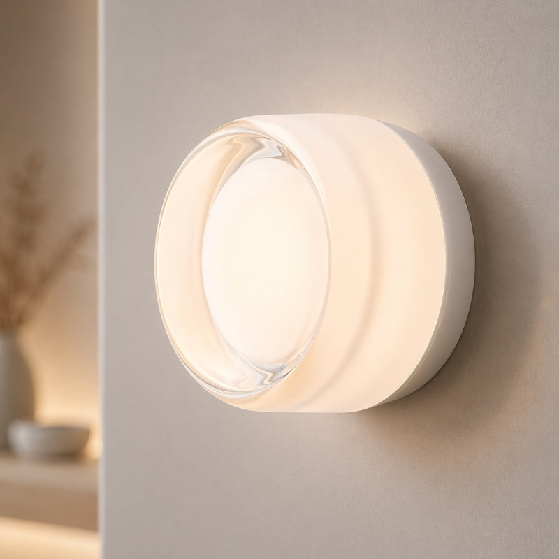 A modern cylindrical wall sconce light fixture with a frosted white glass shade and a warm glowing light, mounted on a neutral beige wall.